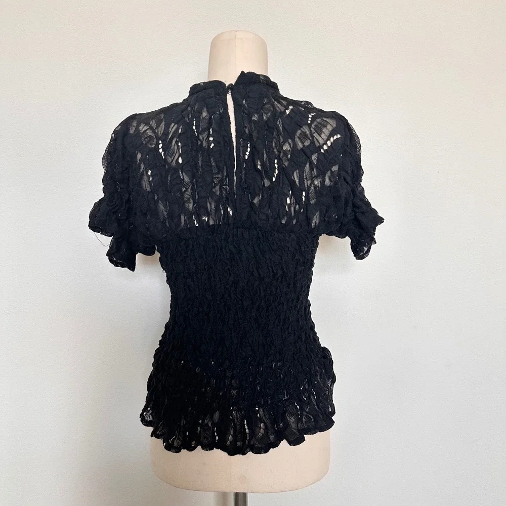 Free People Black Lace Smocked Mock Neck Top Short Puff Sleeve Size Small